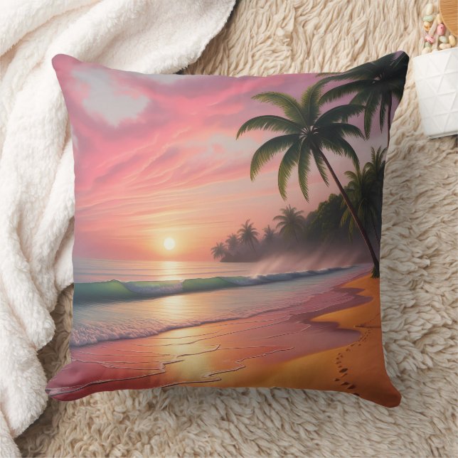 Tropical Sunset Paradise Beach Scene Cushion (Blanket)