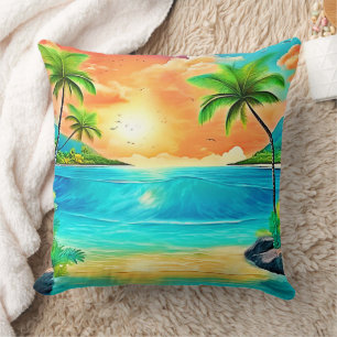 Tropical Sunset Paradise Beach View Cushion