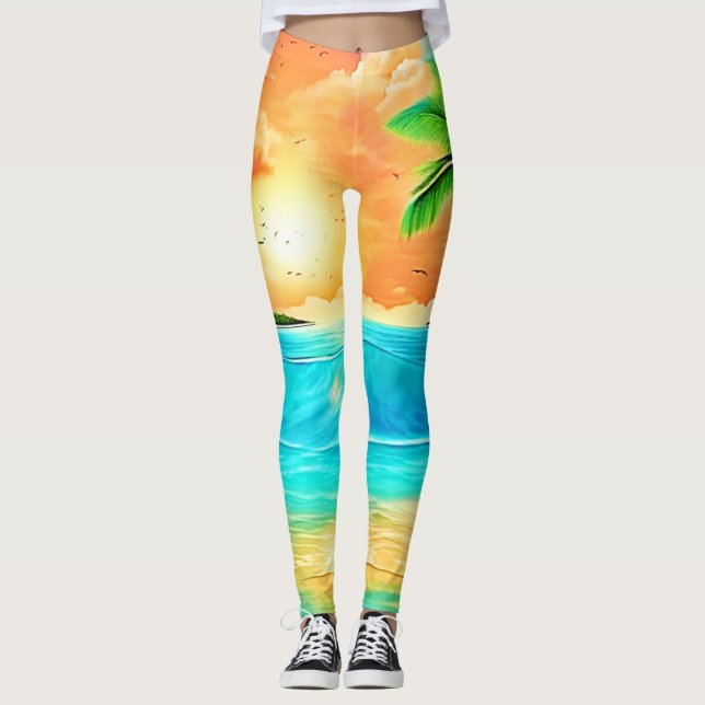 Tropical Sunset Paradise Beach View Leggings (Front)
