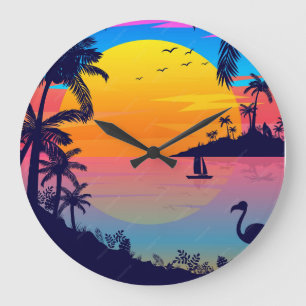 Tropical Sunset Paradise Large Clock
