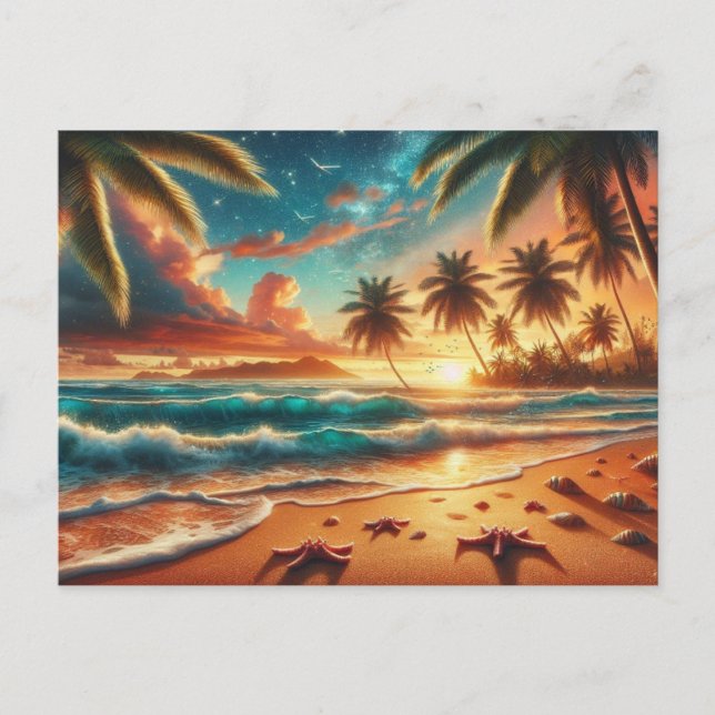 Tropical Sunset Paradise Painting Postcard (Front)