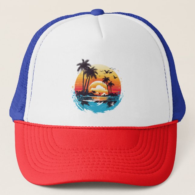 Tropical Sunset Paradise Trucker Hat (Front)