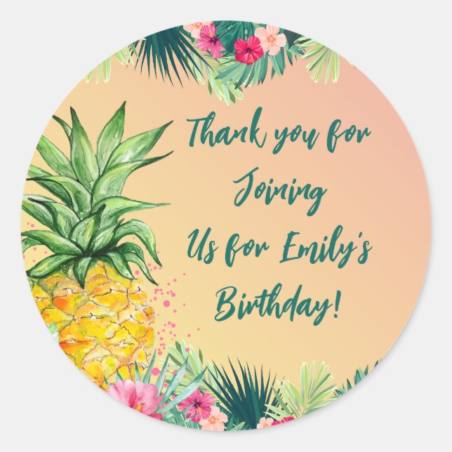 Tropical Sunset Pineapple Girls Birthday Thank you Classic Round Sticker (Front)