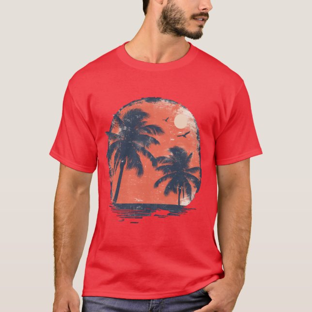 Tropical Sunset Retreat With Soaring Birds funny T-Shirt (Front)