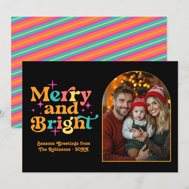 Tropical Sunset Retro Christmas Family Photo Holiday Card (Front/Back)