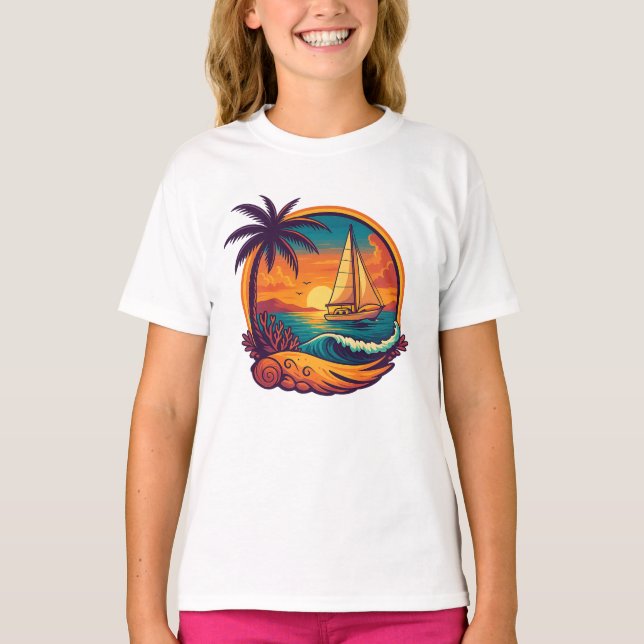 Tropical Sunset Sailboat Girl's T-Shirt (Front)