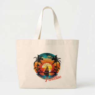 Tropical Sunset Sailing Beach Palms  Large Tote Bag
