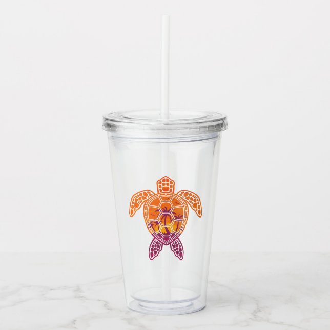 Tropical Sunset Sea Turtle Design Acrylic Tumbler (Front)