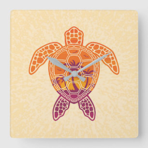 Tropical Sunset Sea Turtle Design Square Wall Clock