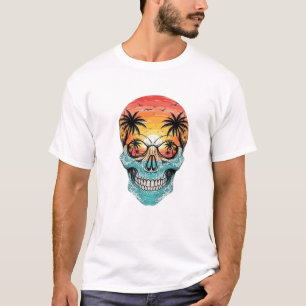Tropical Sunset Skull Beach Palm Tree Ocean Wave T-Shirt