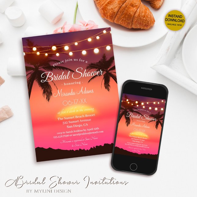 Tropical Sunset String Lights Beach Bridal Shower Invitation (Creator Uploaded)
