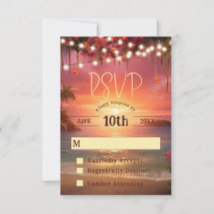 Tropical Sunset String Lights Beach Wedding RSVP Card