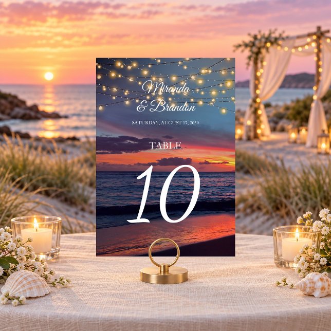 Tropical Sunset String Lights Ocean Beach Wedding  Table Number (Creator Uploaded)