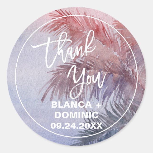 Tropical Sunset Thank You Wedding Favour Classic Round Sticker (Front)