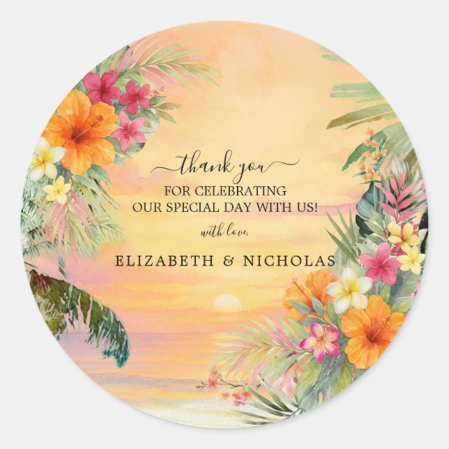 Tropical Sunset Thank You Wedding Sticker (Front)