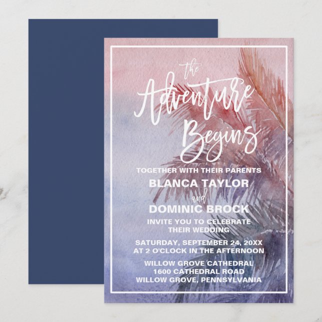 Tropical Sunset The Adventure Begins Wedding Invitation (Front/Back)