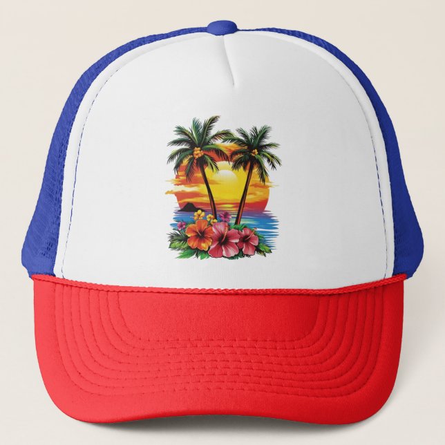 Tropical Sunset Trucker Hat – Palm Trees & Hibiscu (Front)