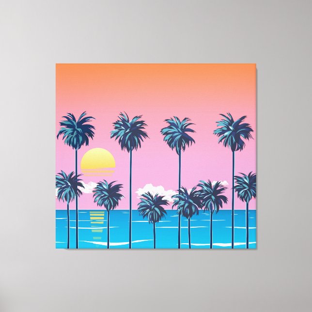 Tropical Sunset: Vintage Beach Illustration Canvas Print (Front)