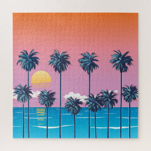 Tropical Sunset: Vintage Beach Illustration Jigsaw Puzzle