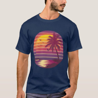 Tropical Sunset with Palm and Birds Silhouette fri T-Shirt