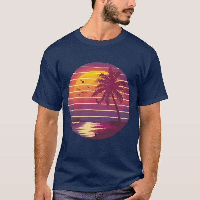 Tropical Sunset with Palm and Birds Silhouette fri T-Shirt (Front)