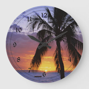Tropical Sunset with Palm Tree Large Clock