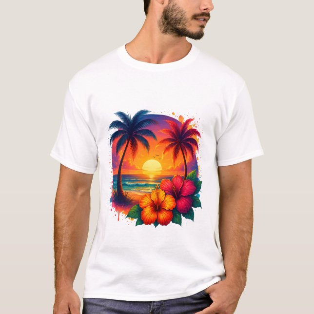 Tropical Sunset with Palm Trees and Hibiscus T-Shirt (Front)