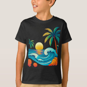 Tropical Sunset with Waves and Palm Trees T-Shirt