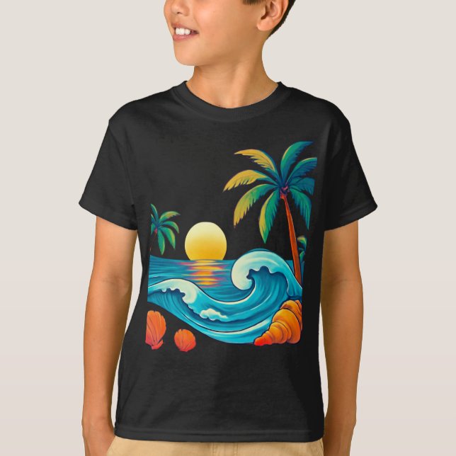 Tropical Sunset with Waves and Palm Trees T-Shirt (Front)