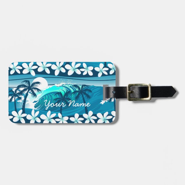 Tropical surf wave with palm luggage tag (Front Horizontal)