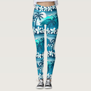 Tropical surf wave with palm trees leggings