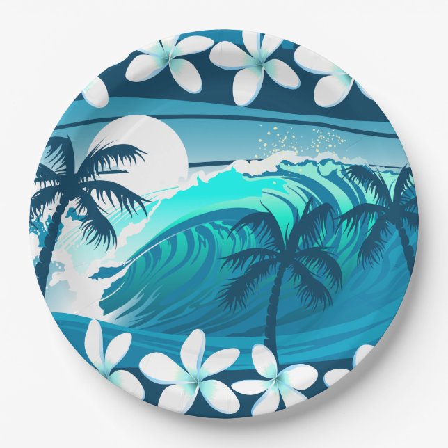 Tropical surf wave with palm trees paper plate (Front)