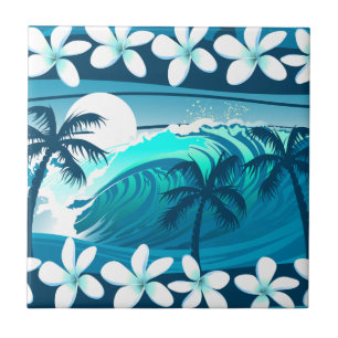 Tropical surf wave with palm trees tile