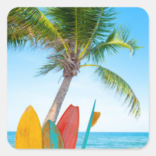 Tropical Surfboard Beach Square Sticker