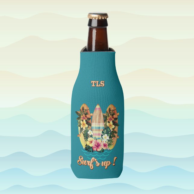 Tropical Surfboards Hawaiian Flowers Teal Monogram Bottle Cooler (Creator Uploaded)