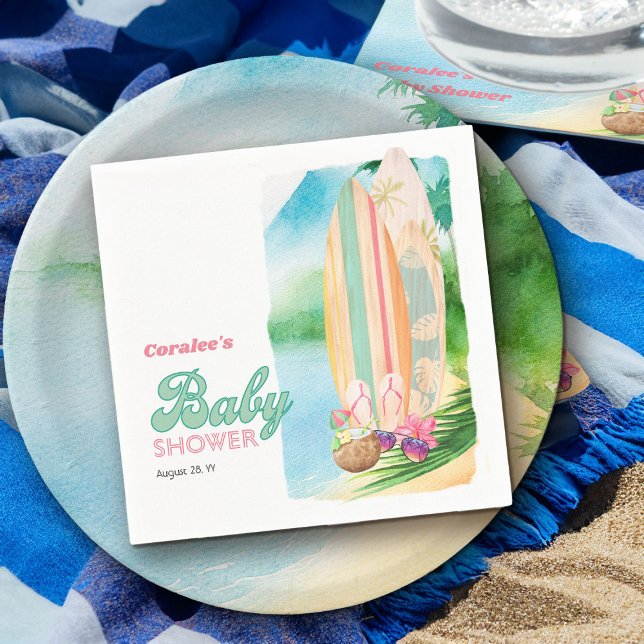 Tropical Surfing Beach Summer Baby Shower Napkin (Summer tropical beach theme napkins from my Baby on Board baby shower collection)