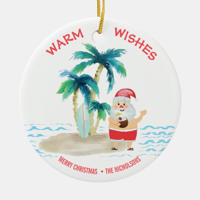 Tropical Surfing Santa Beach Warm Wishes Christmas Ceramic Tree Decoration (Front)