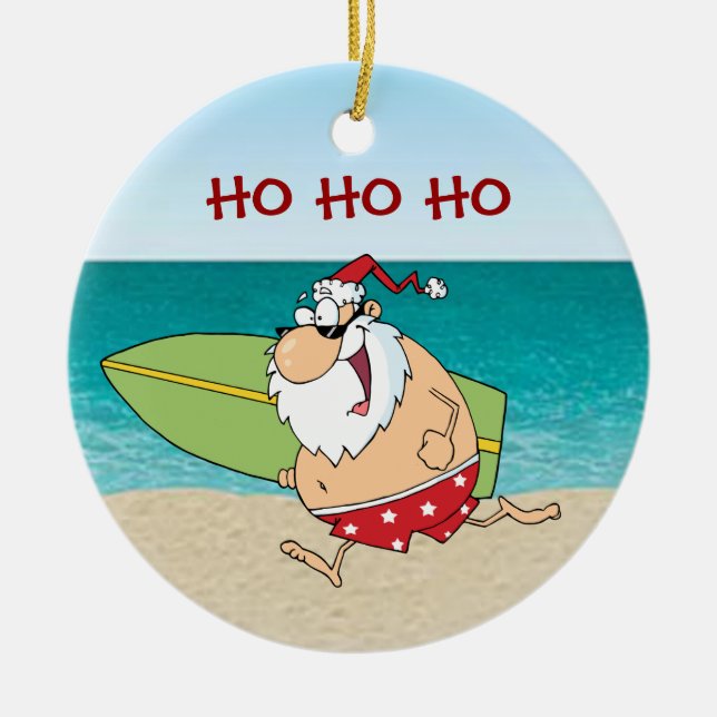 Tropical Surfing Santa Christmas Ornament (Front)