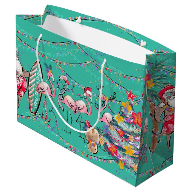 Tropical Surfing Santa Holiday Gift Bag (Back Angled)