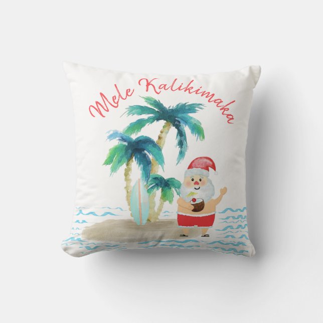Tropical Surfing Santa Mele Kalikimaka Christmas Cushion (Front)