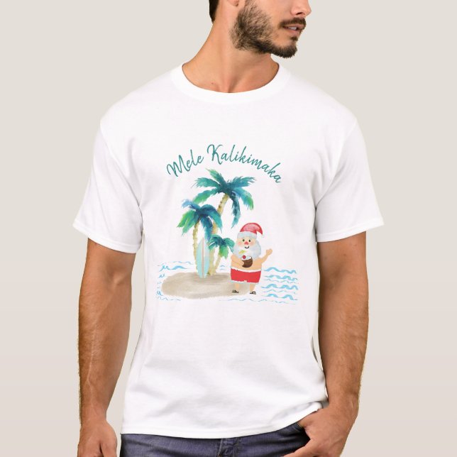 Tropical Surfing Santa Mele Kalikimaka Christmas T-Shirt (Front)