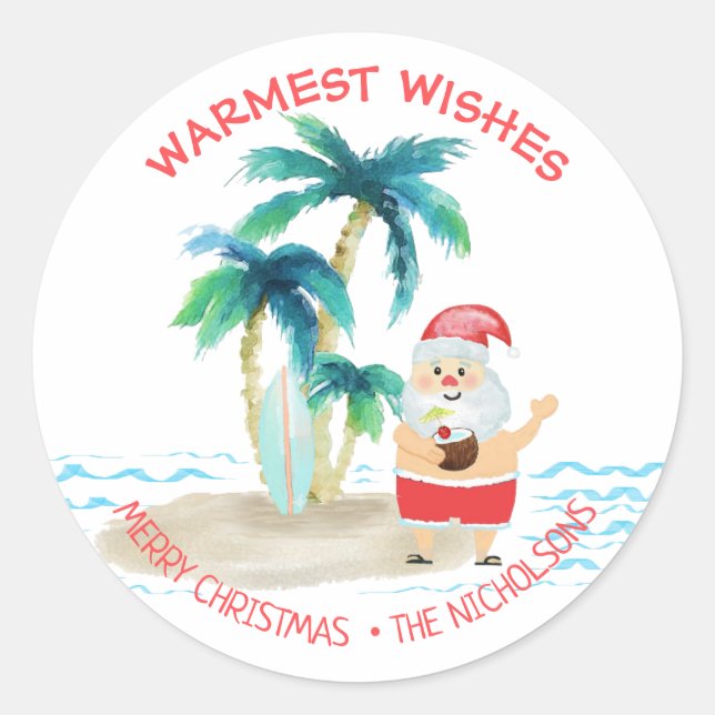 Tropical Surfing Santa Warmest Wishes Christmas Classic Round Sticker (Front)