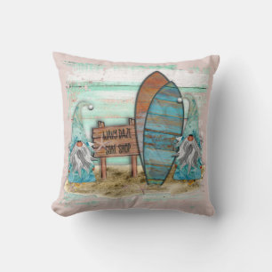 Tropical Surfing Watercolor Beach Gnomes Cushion
