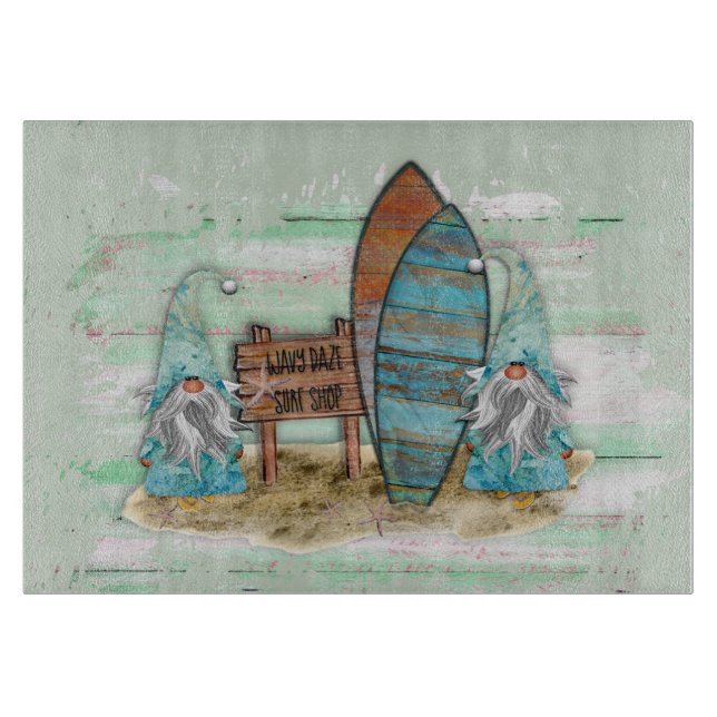 Tropical Surfing Watercolor Beach Gnomes Cutting Board (Front)