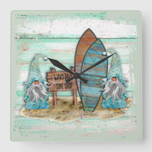 Tropical Surfing Watercolor Beach Gnomes Square Wall Clock