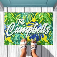 Tropical Surname Green Blue Yellow Monstera Leaves
