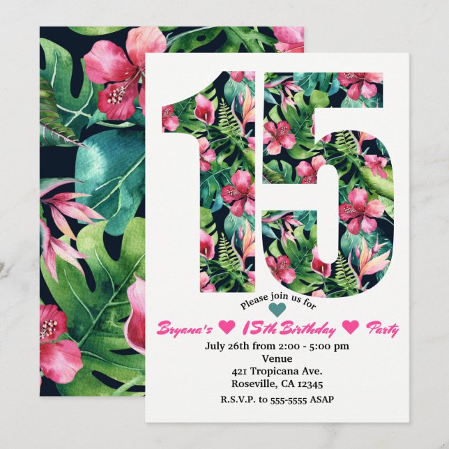 Tropical Sweet 15 15th Birthday Party Invitation (Front/Back)