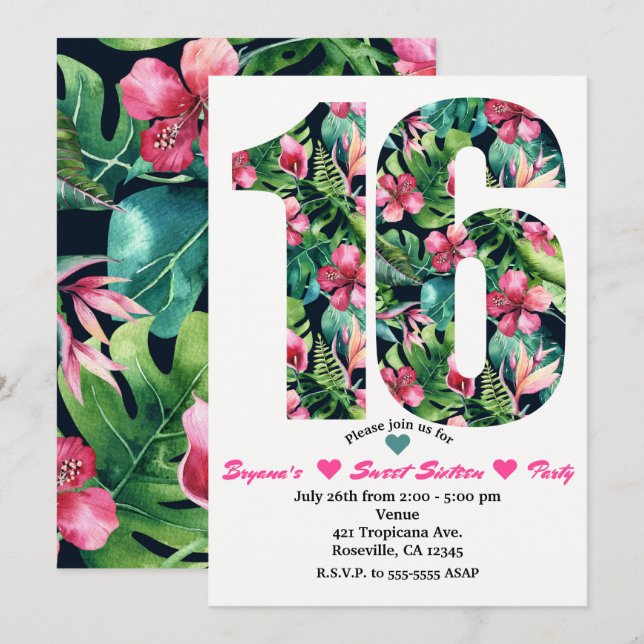 Tropical Sweet 16 16th Birthday Party Invitation (Front/Back)