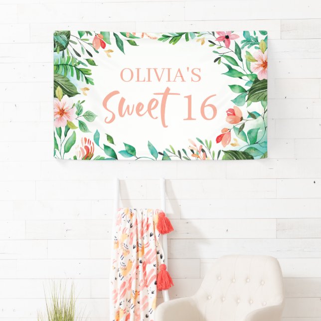 Tropical Sweet 16 Aloha Luau Birthday Banner (Insitu)
