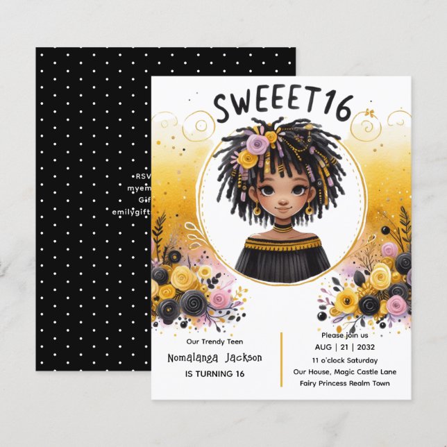 Tropical Sweet 16 Black Teen Birthday Black Gold (Front/Back)